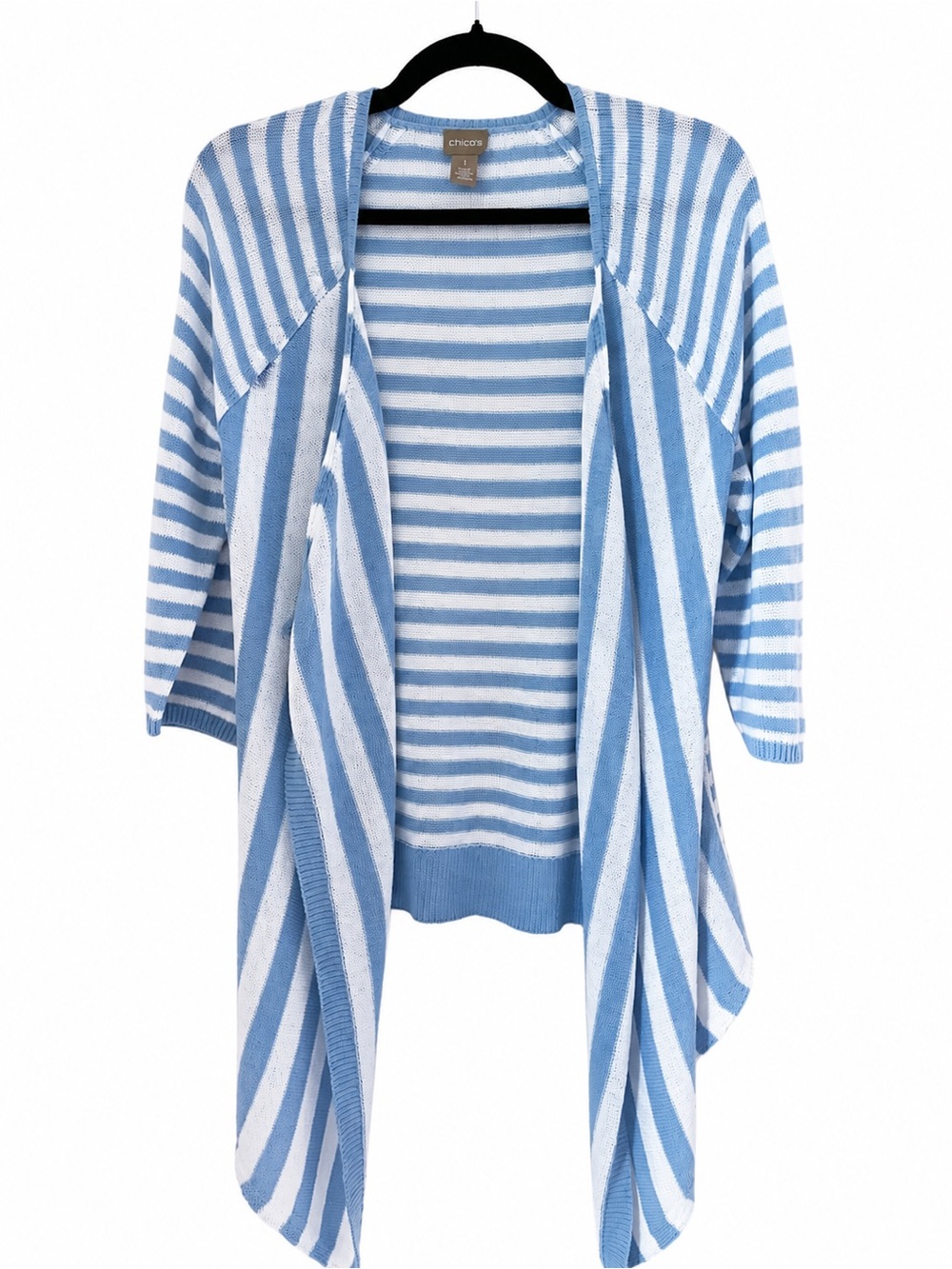 Chico’s Blue White Stripe Open Front Cardigan Lightweight Boho  Size 1 Medium